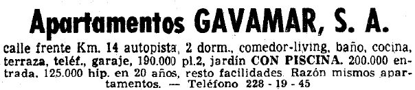 Anuncio de los apartamentos GAVAMAR de Gav� Mar publicado en el diario LA VANGUARDIA (2 de Junio de 1965)